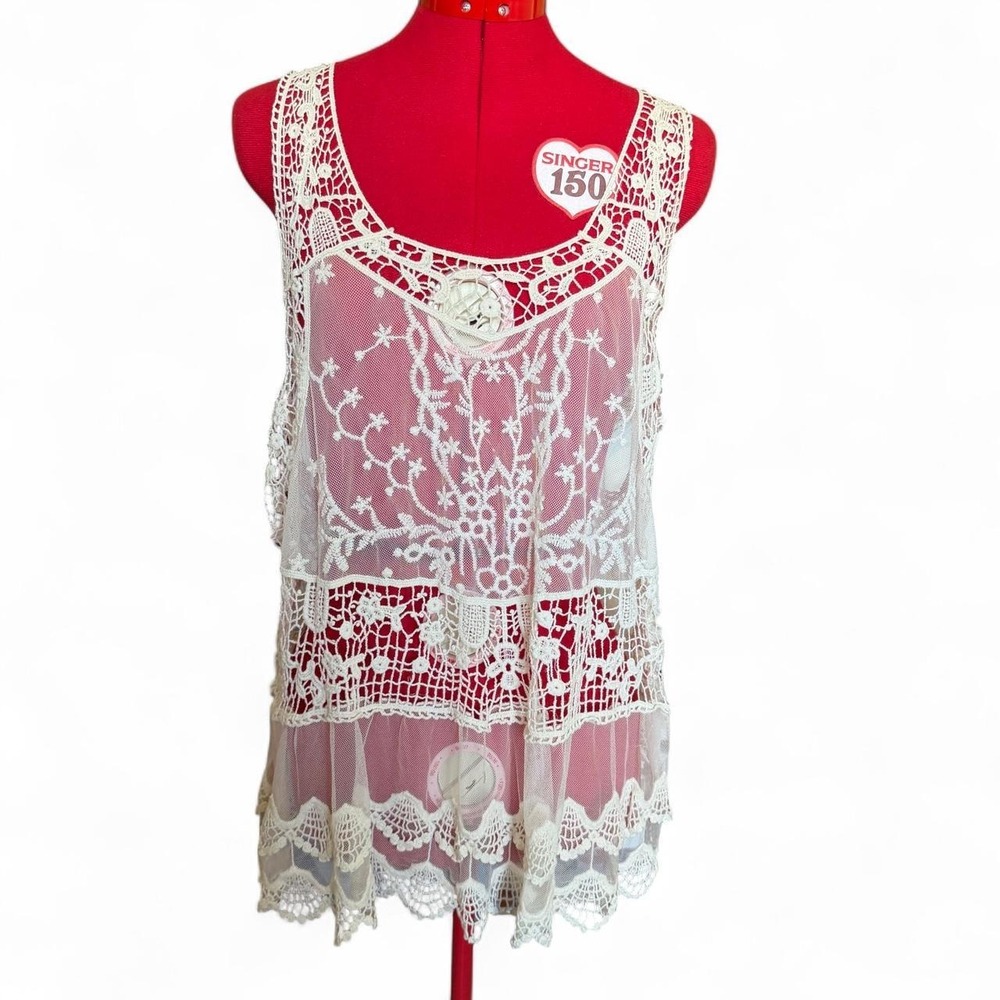 Vivid Importers of NY Ivory Floral Crochet Lace Tank Top Boho T1598 Medium